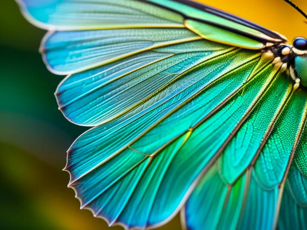 Detalle asombroso de alas de insecto con flujo genético entre poblaciones, mostrando su belleza iridiscente y textura extraordinaria