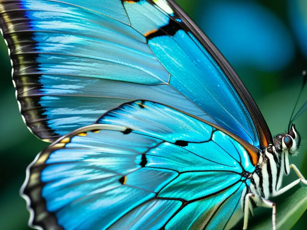 Detalle asombroso de las alas iridiscentes de una mariposa Morpho, resaltando su belleza frágil