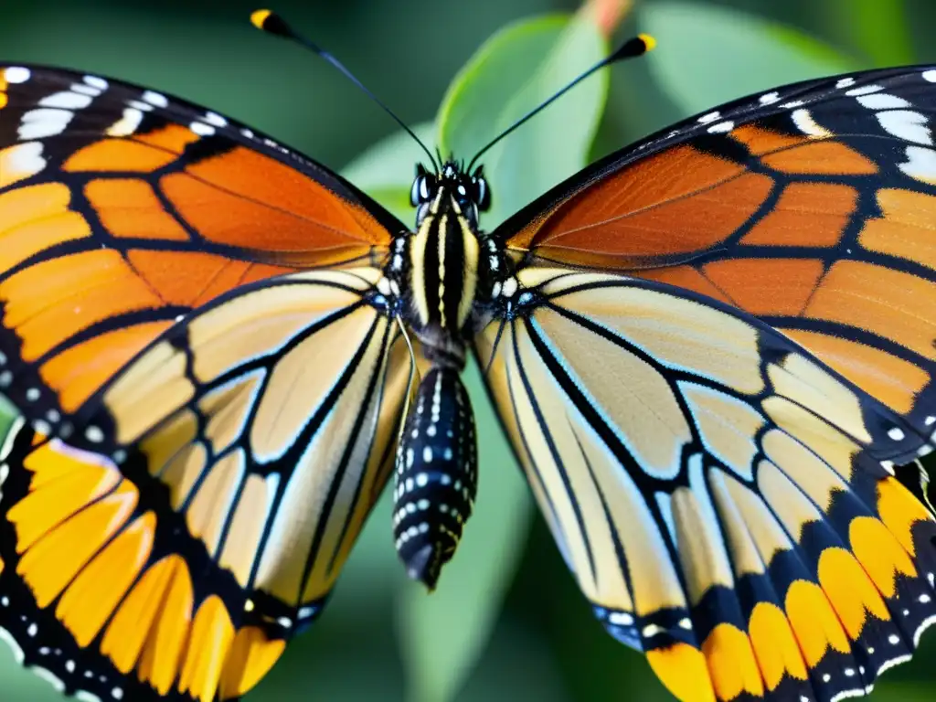 Detalle asombroso de las alas de una mariposa monarca, resaltando sus patrones migratorios y colores vibrantes