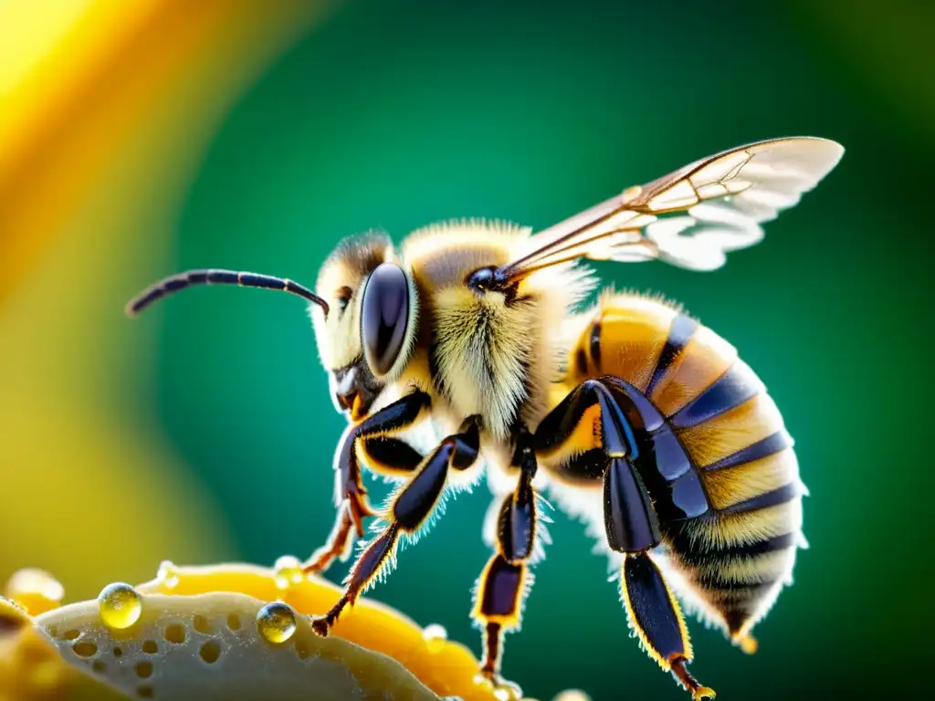 Detalle asombroso de la antena de abeja captando gotas de néctar