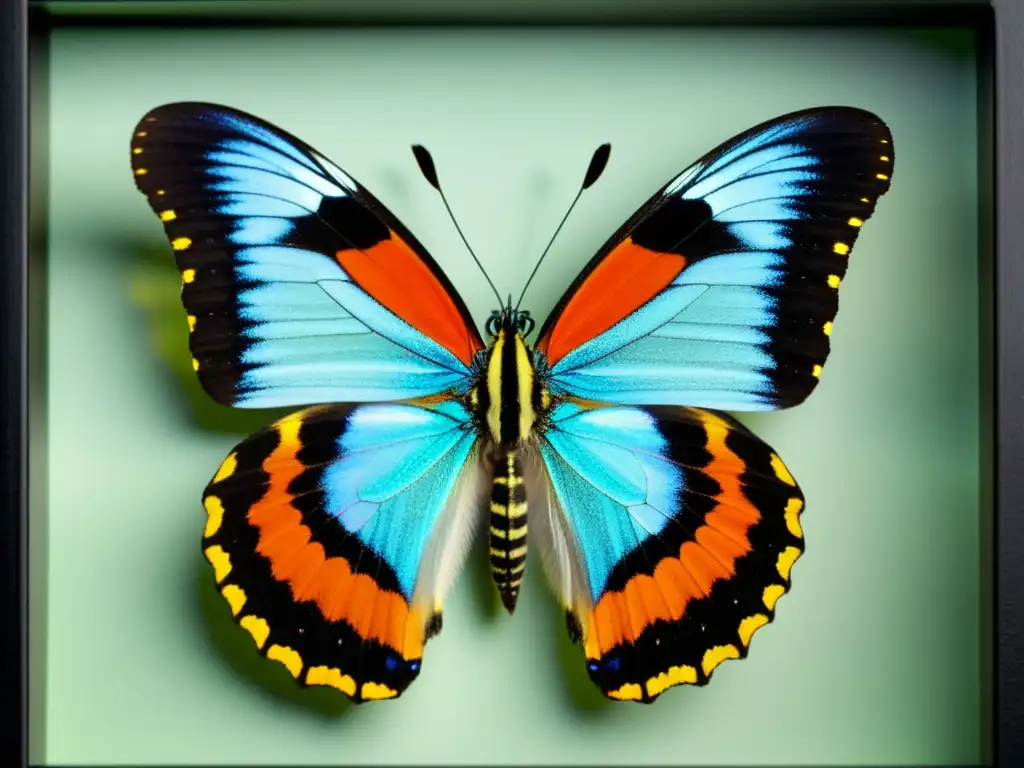 Detalle asombroso del Arte entomológico de alta calidad: mariposa montada con patrones y colores vibrantes, texturas y pelos delicados