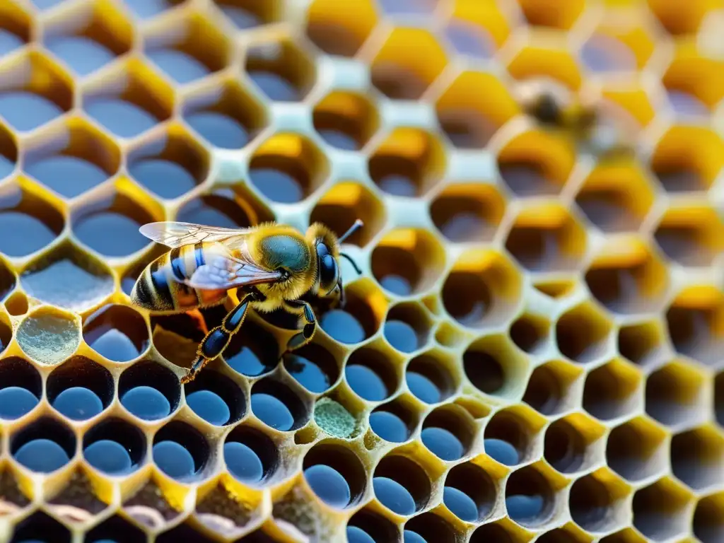 Maravilla dorada: la estructura intrincada y fascinante de una colmena Detalle asombroso de una colmena con estructuras hexagonales, iluminada por el sol