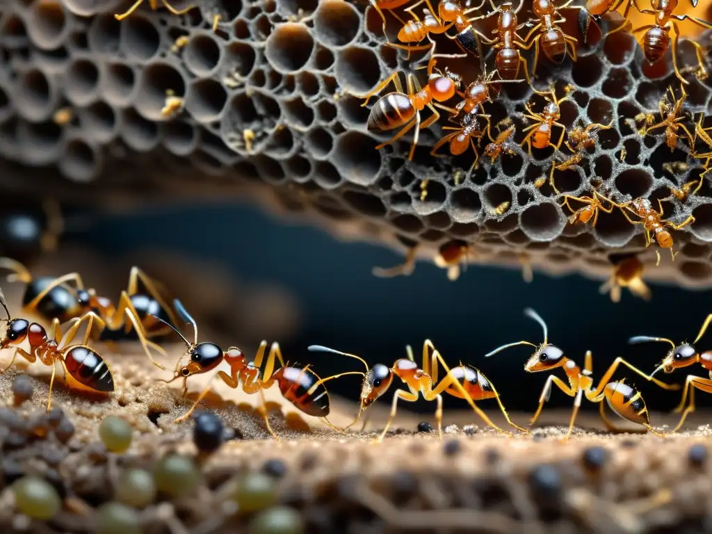 Detalle asombroso de una colonia de hormigas, destacando la importancia de los insectos sociales en su compleja y fascinante estructura