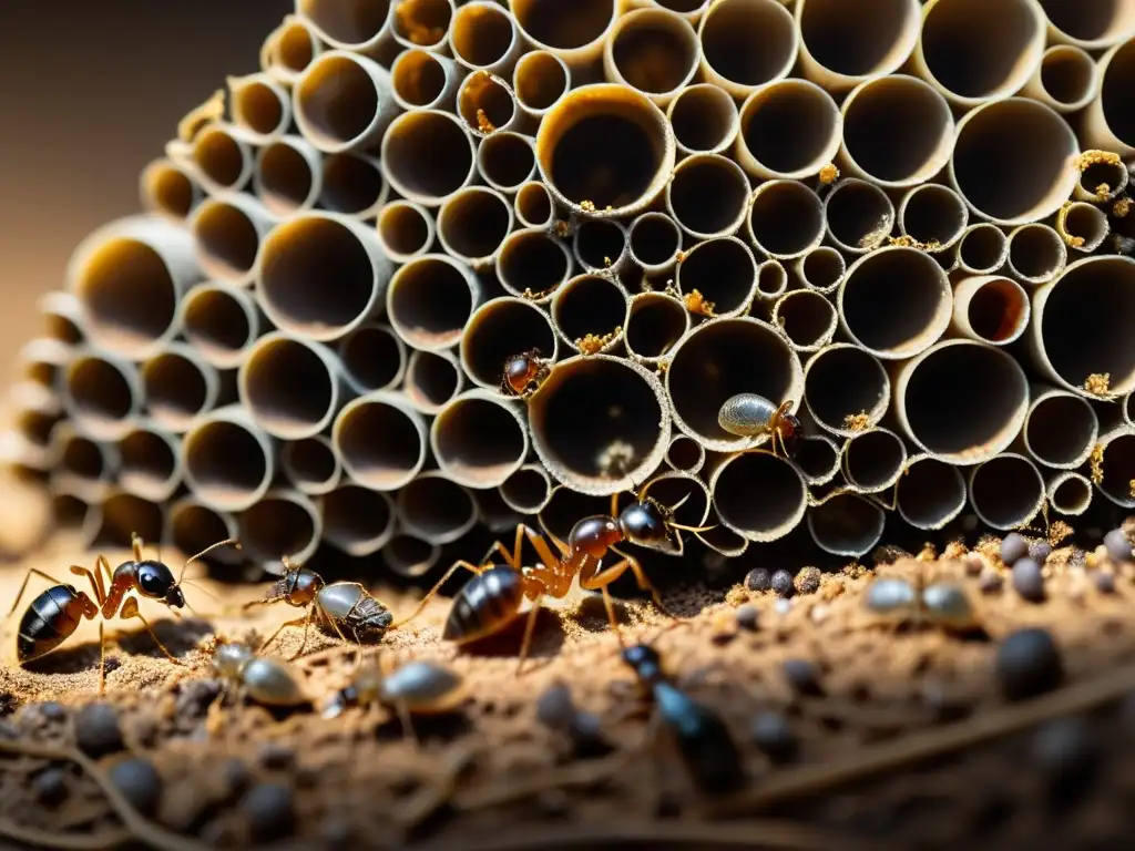 Detalle asombroso de una colonia de hormigas, resaltando la importancia de la vida social en insectos