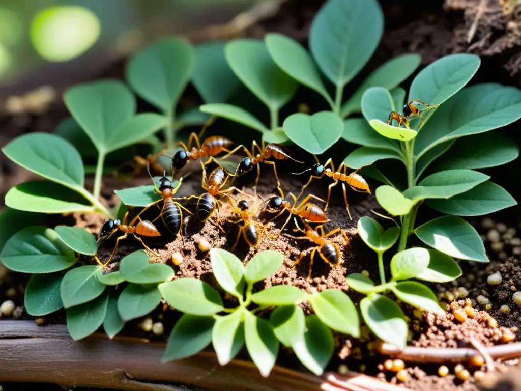 Detalle asombroso de colonia de hormigas, mostrando la importancia de los insectos en suelos