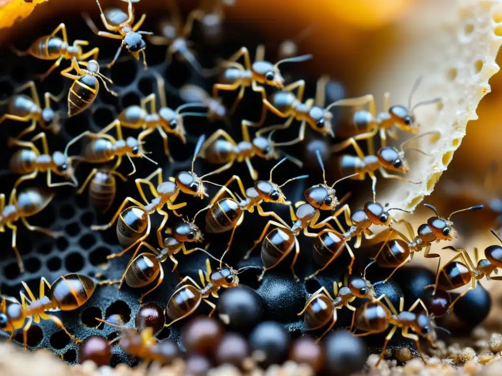 Detalle asombroso de una colonia de hormigas en su labor diaria