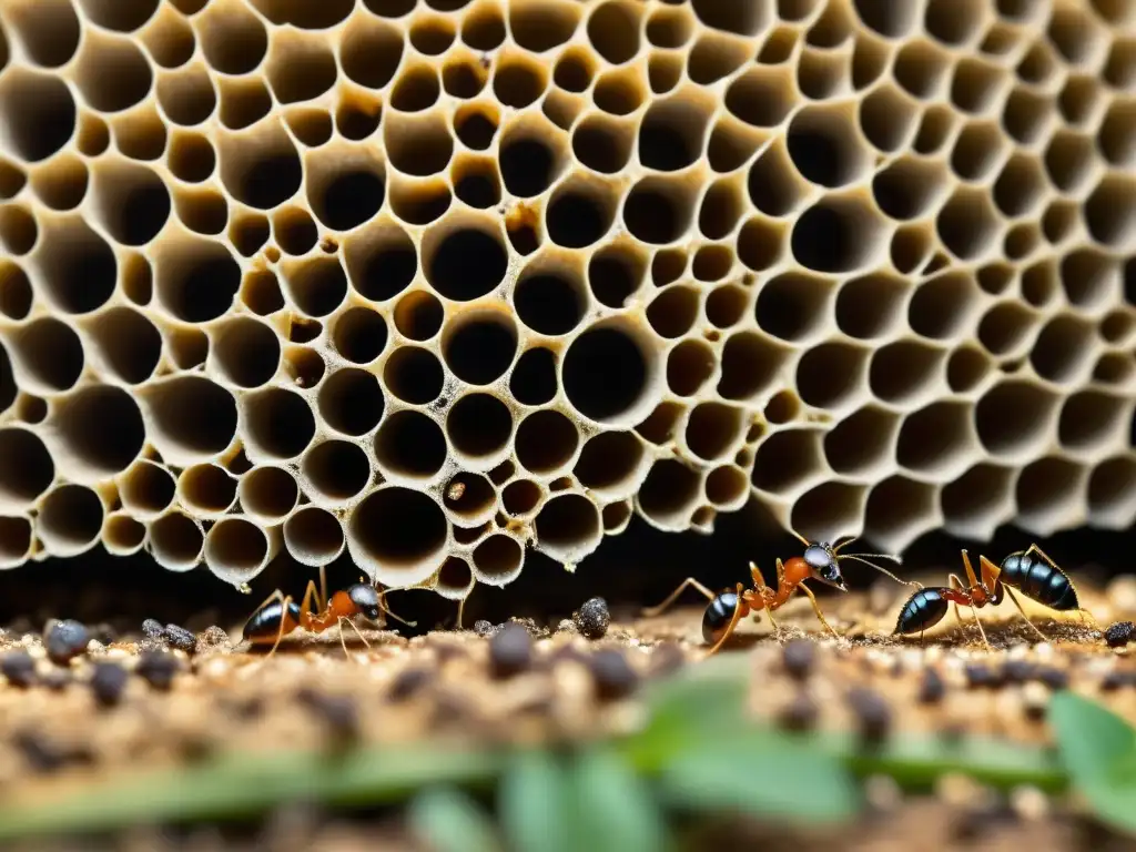 Detalle asombroso de una colonia de hormigas trabajadoras, destacando la importancia de los insectos sociales en la naturaleza