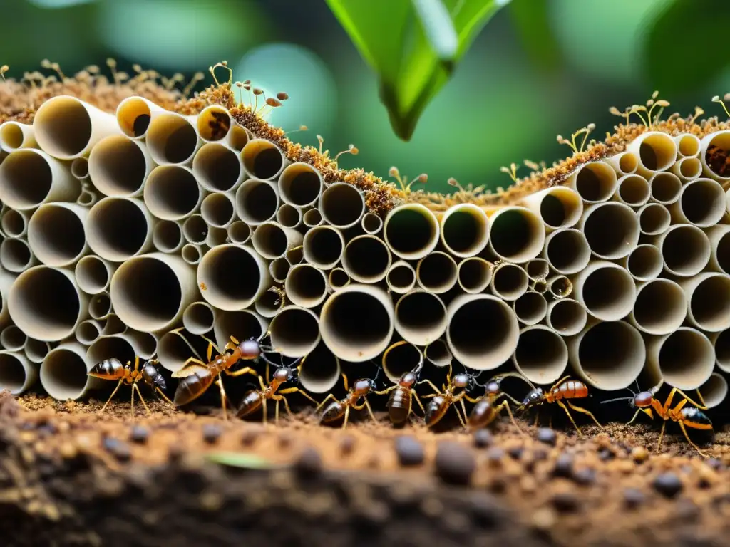 Detalle asombroso de una colonia de hormigas, mostrando su labor en el ecosistema