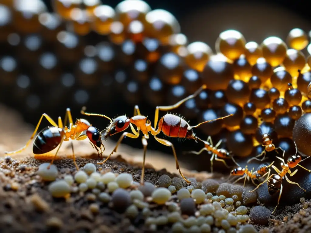 Detalle asombroso de una colonia de hormigas en movimiento