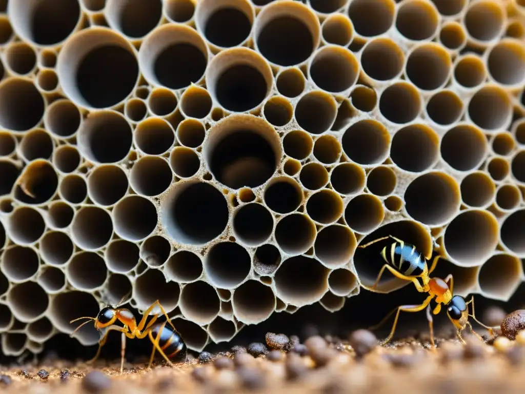 Detalle asombroso de una colonia de hormigas, mostrando su comportamiento social y la evolución de los insectos en un intrigante laberinto subterráneo