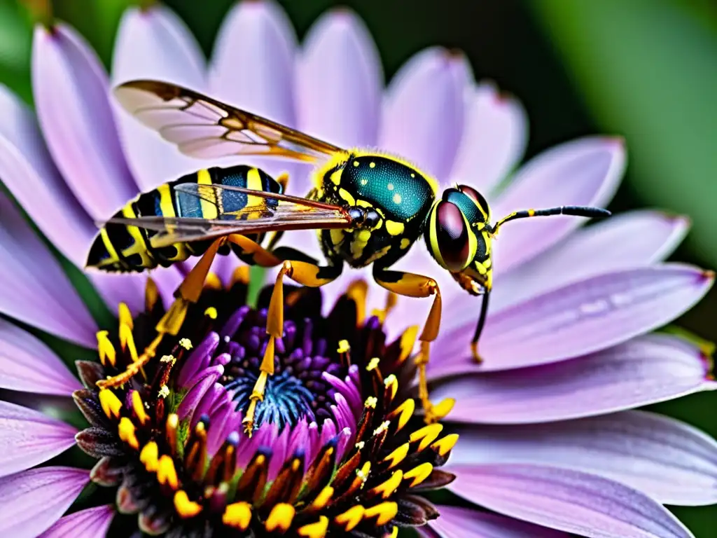 Detalle asombroso del comportamiento alimentario de insectos omnívoros mientras una avispa europea recolecta néctar de una coneflower morada