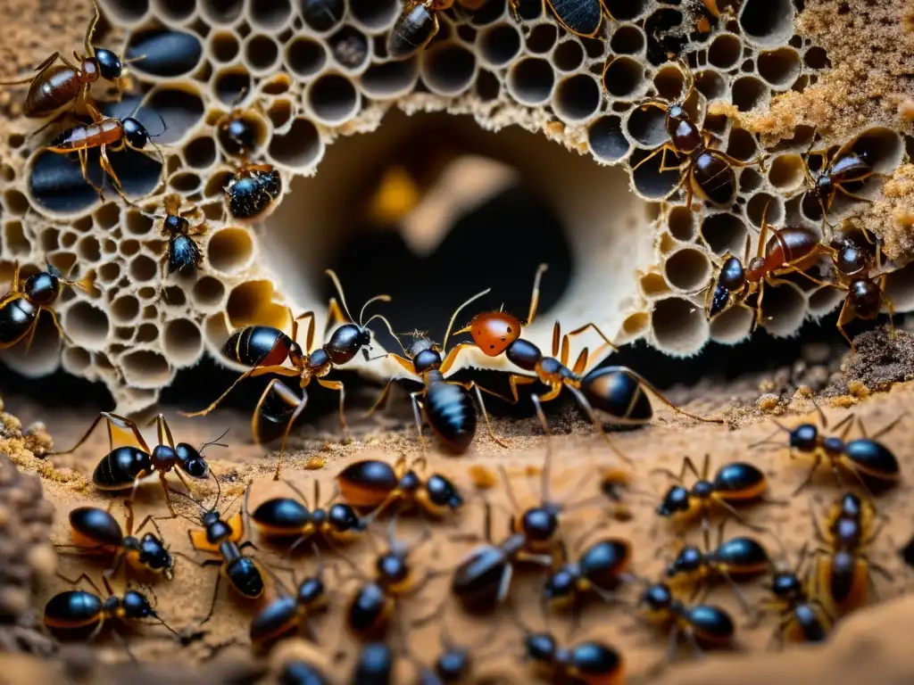 Detalle asombroso del comportamiento de los insectos sociales: obreras protegiendo a su reina en el interior del hormiguero