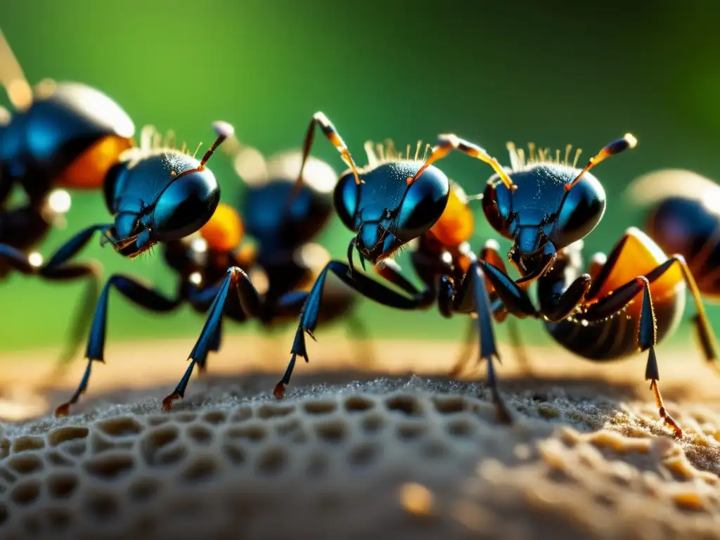 Detalle asombroso de la comunicación de insectos artrópodos, con hormigas interactuando y creando patrones de feromonas