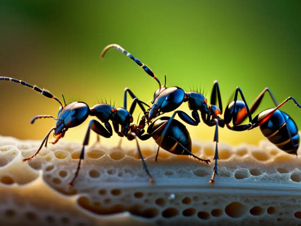 Detalle asombroso de la comunicación de los insectos mediante señalización, con hormigas interactuando a través de feromonas en una imagen de 8k