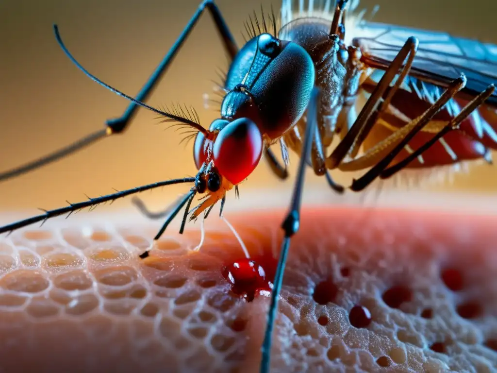 Detalle asombroso de la dieta hematófaga en insectos: mosquito alimentándose de sangre humana, con probóscide extendida