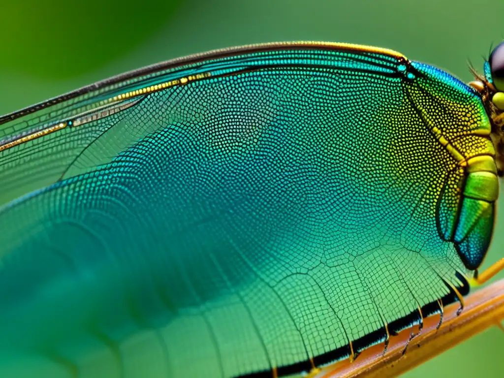 Detalle asombroso del diseño aerodinámico de las alas de un insecto, mostrando su red delicada y brillante