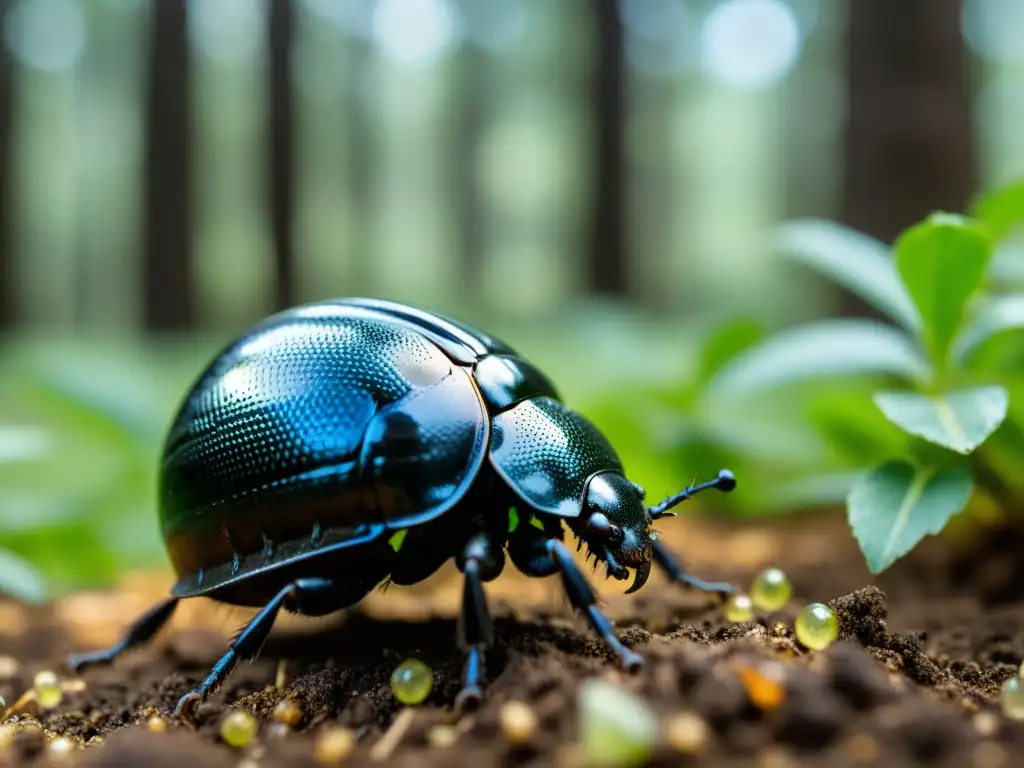 Detalle asombroso: escarabajo rodando estiércol en bosque, mostrando importancia reciclaje nutrientes insectos