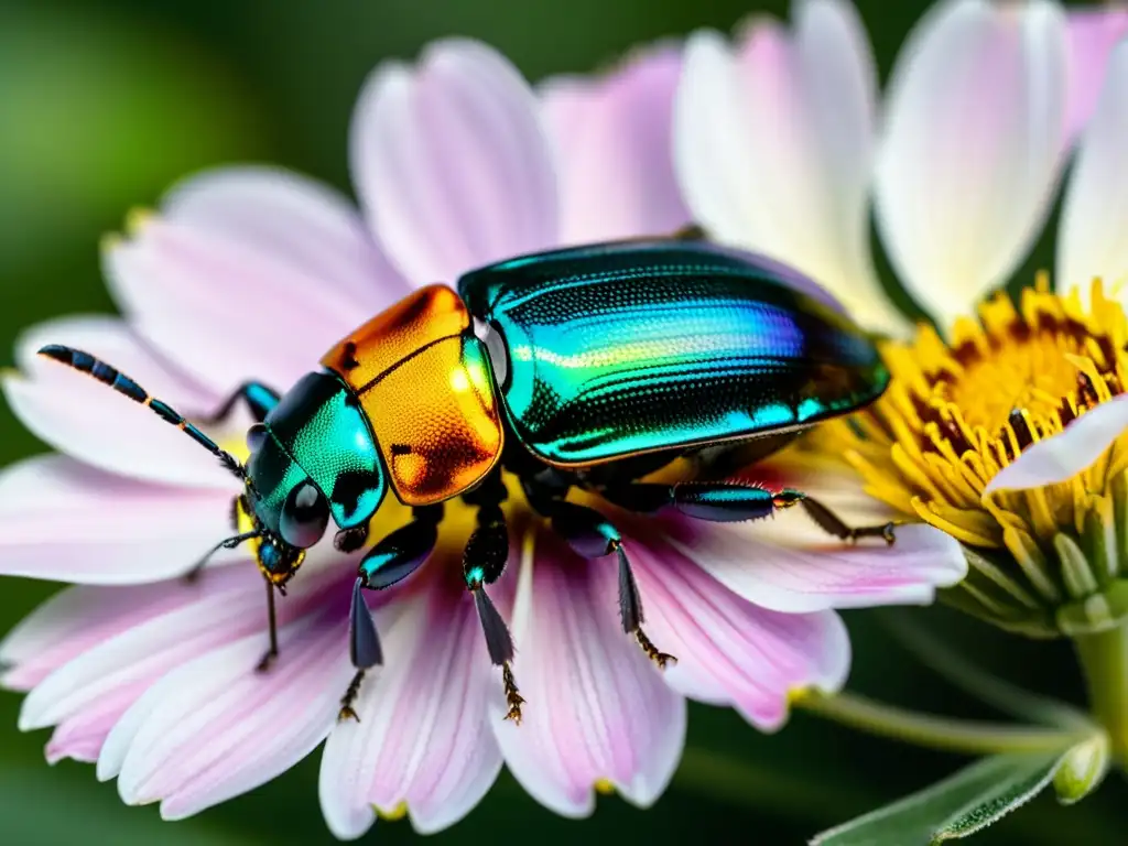 Detalle asombroso de un escarabajo sobre una flor, resaltando la belleza intrincada de los insectos y las implicaciones éticas de su extinción