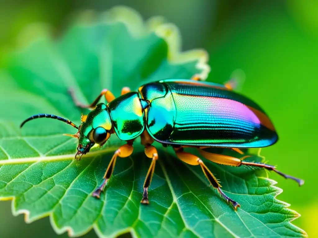 Detalle asombroso de un escarabajo iridiscente en una hoja verde brillante, iluminado por la luz del sol