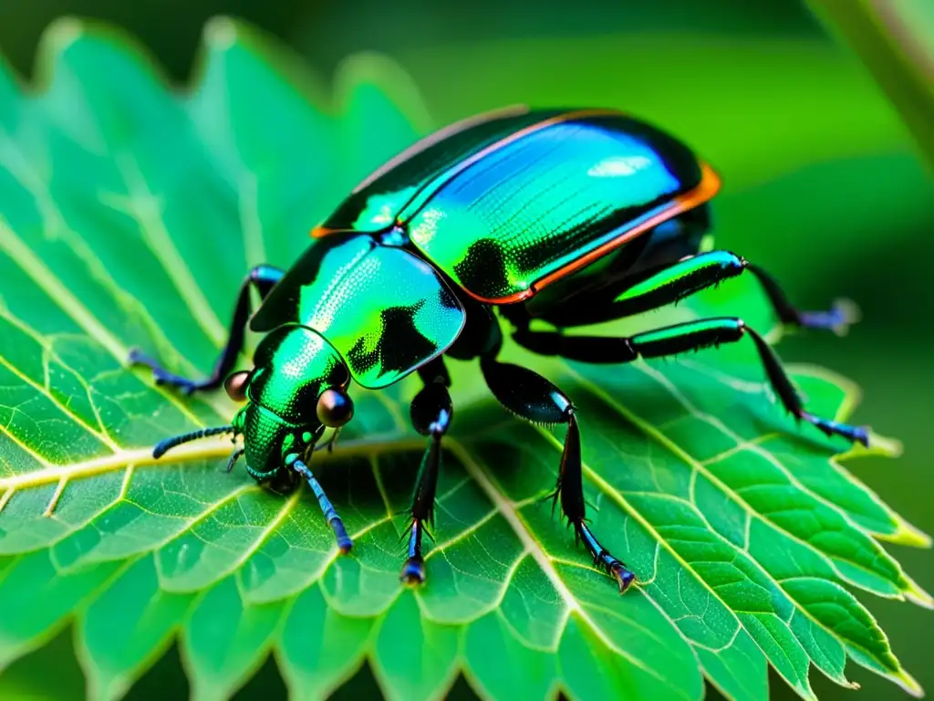 Detalle asombroso de un escarabajo iridiscente verde y negro en una hoja, mostrando su belleza y el significado oculto de la apariencia de los insectos