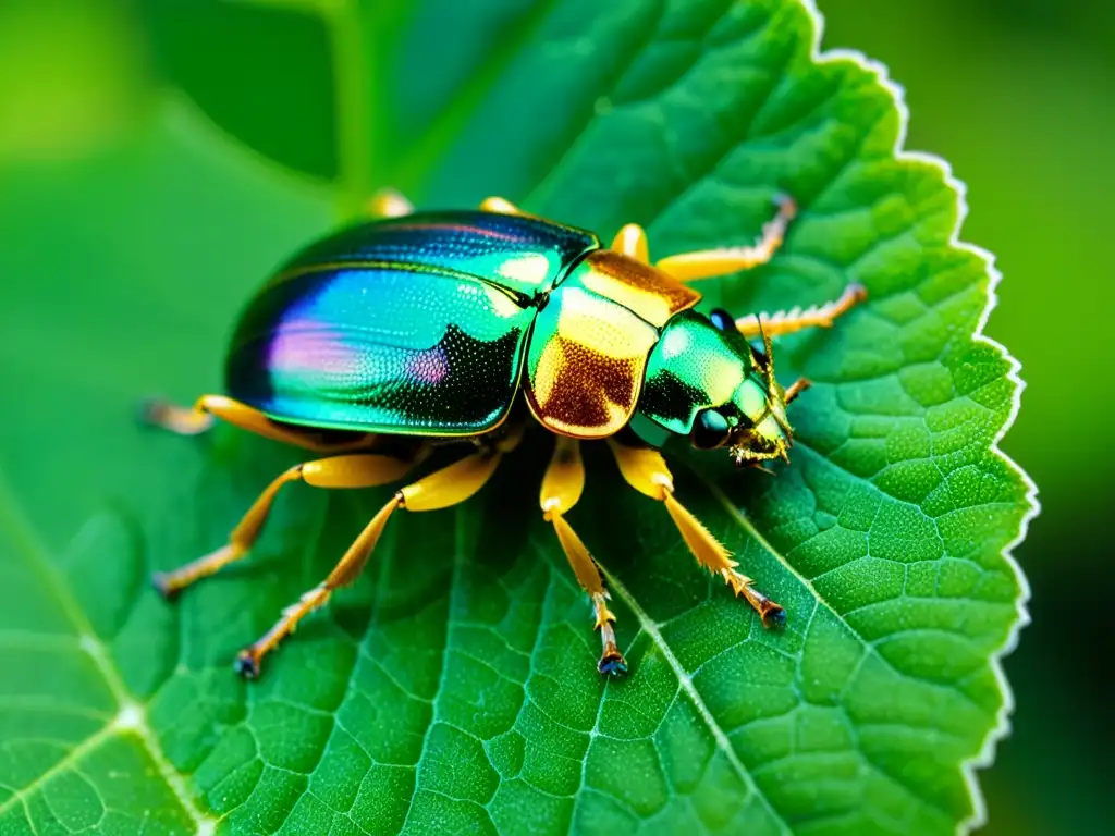 Detalle asombroso de un escarabajo iridiscente sobre una hoja con gotas de rocío, resaltando la importancia de la entomología en economía circular