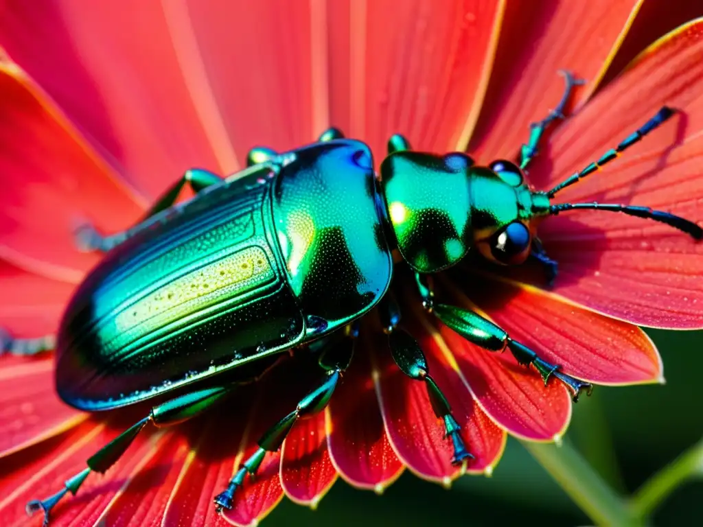 Detalle asombroso de un escarabajo iridiscente sobre una flor roja, destacando la importancia de los insectos en narrativas