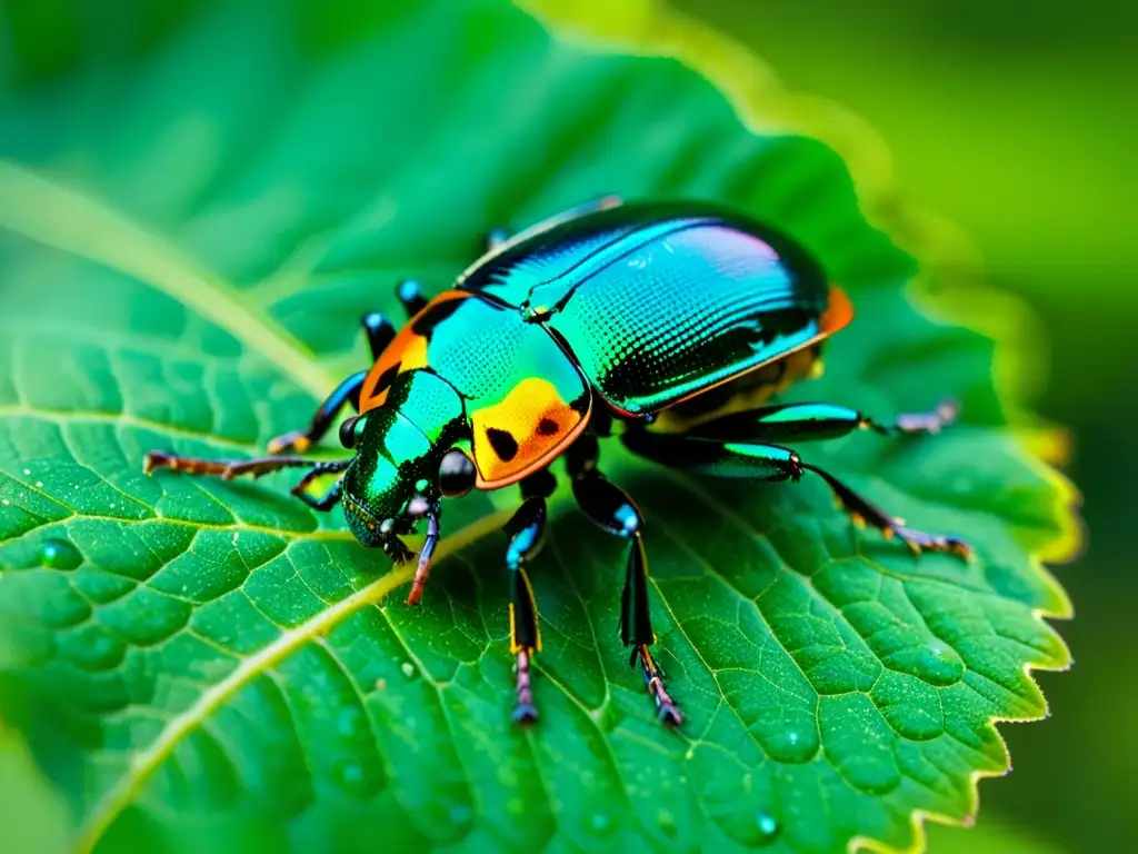 Detalle asombroso de un escarabajo iridiscente en una hoja verde exuberante, evocando el descubrimiento de nuevas especies de insectos