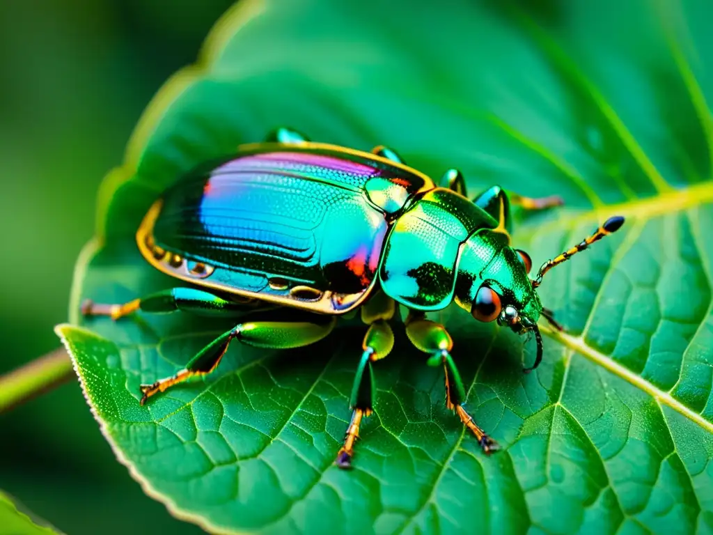 Detalle asombroso de un escarabajo iridiscente sobre una hoja verde