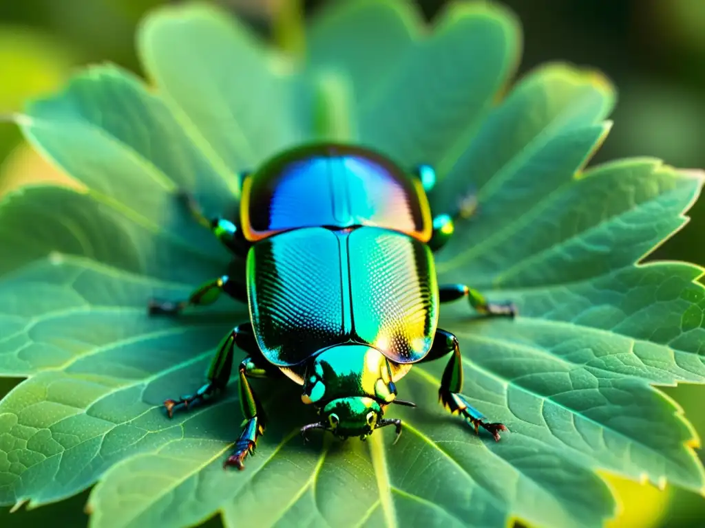 Detalle asombroso de un escarabajo en un lecho de hojas verdes, destacando su importancia cultural como inspiración artística