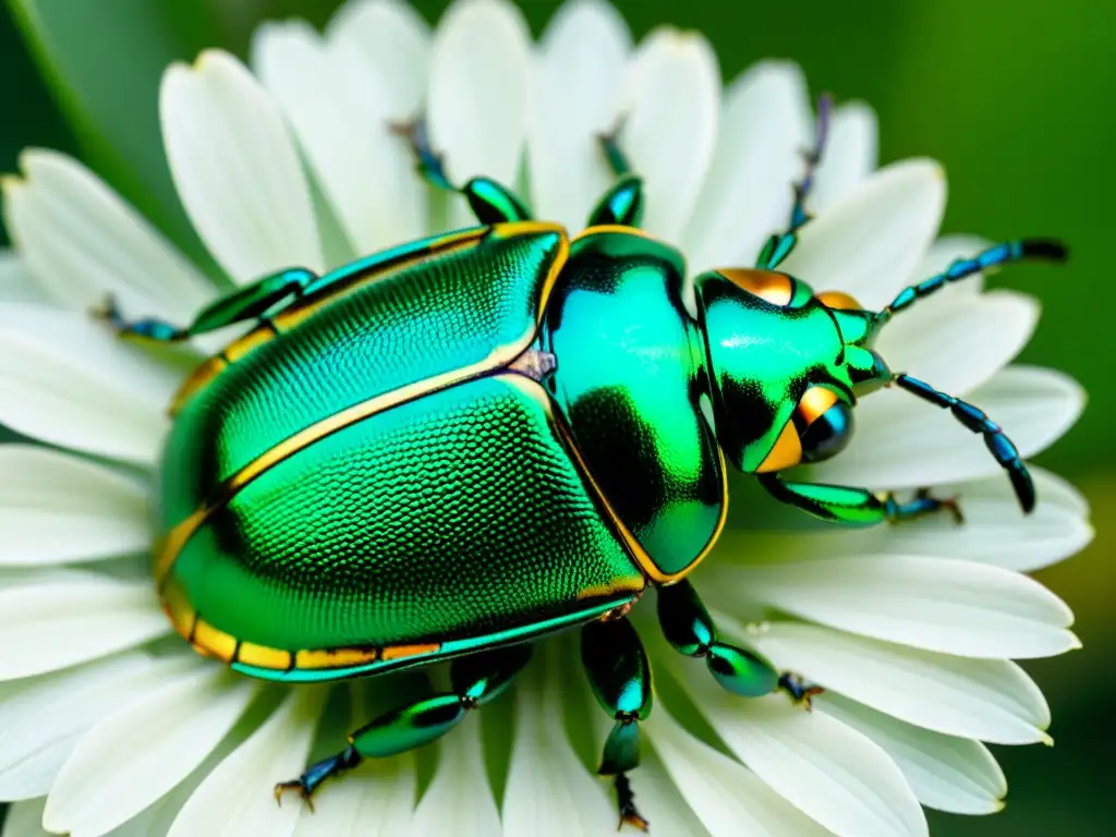 Detalle asombroso: un escarabajo metálico verde sobre pétalo vibrante, simbolismo insectos arte interpretaciones representaciones