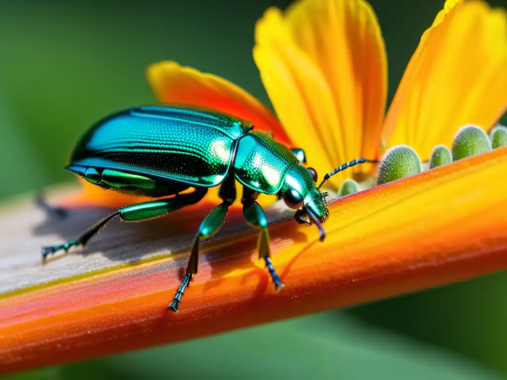 Detalle asombroso de un escarabajo metálico verde en una flor naranja