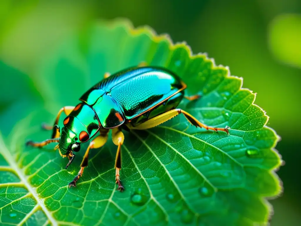 Detalle asombroso de un escarabajo metálico verde sobre una hoja, con sus alas translúcidas parcialmente extendidas