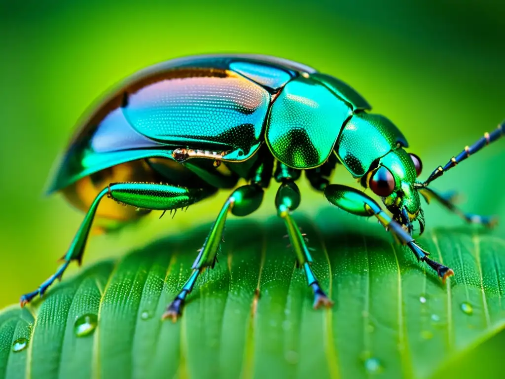 Detalle asombroso de un escarabajo metálico verde iridiscente en una hoja, destacando la nanotecnología en fisiología de insectos