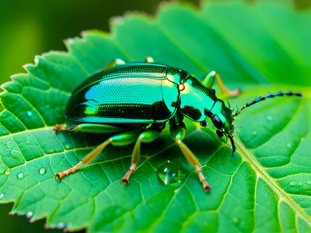 Detalle asombroso de un escarabajo metálico verde en una hoja, mostrando sus estrategias de adaptación al cambio climático