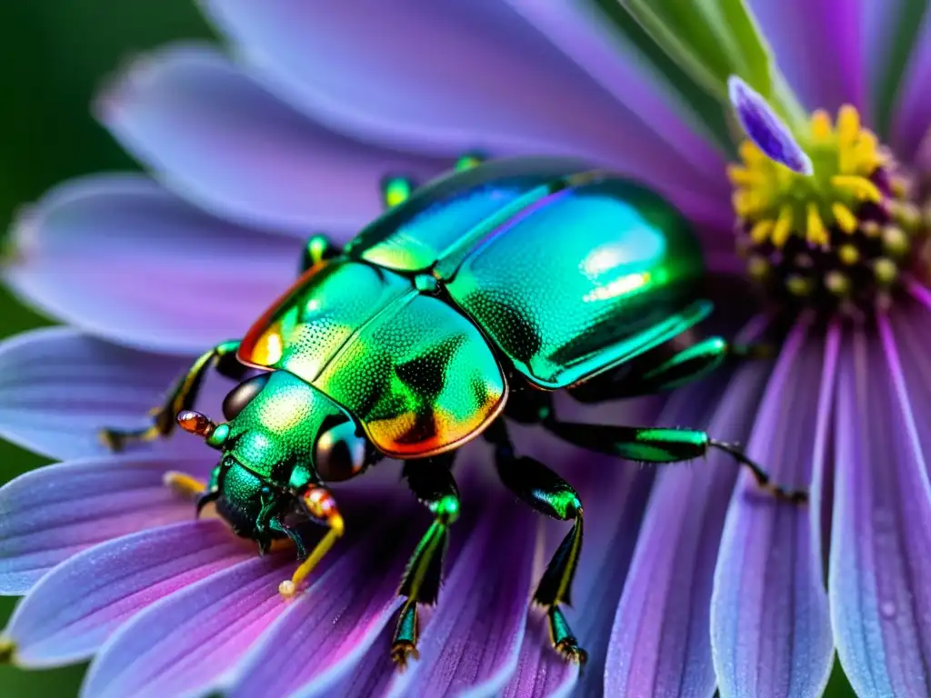 Detalle asombroso de un escarabajo metálico verde iridiscente sobre una flor morada