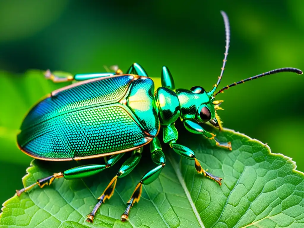 Detalle asombroso del escarabajo metálico verde con adaptaciones únicas