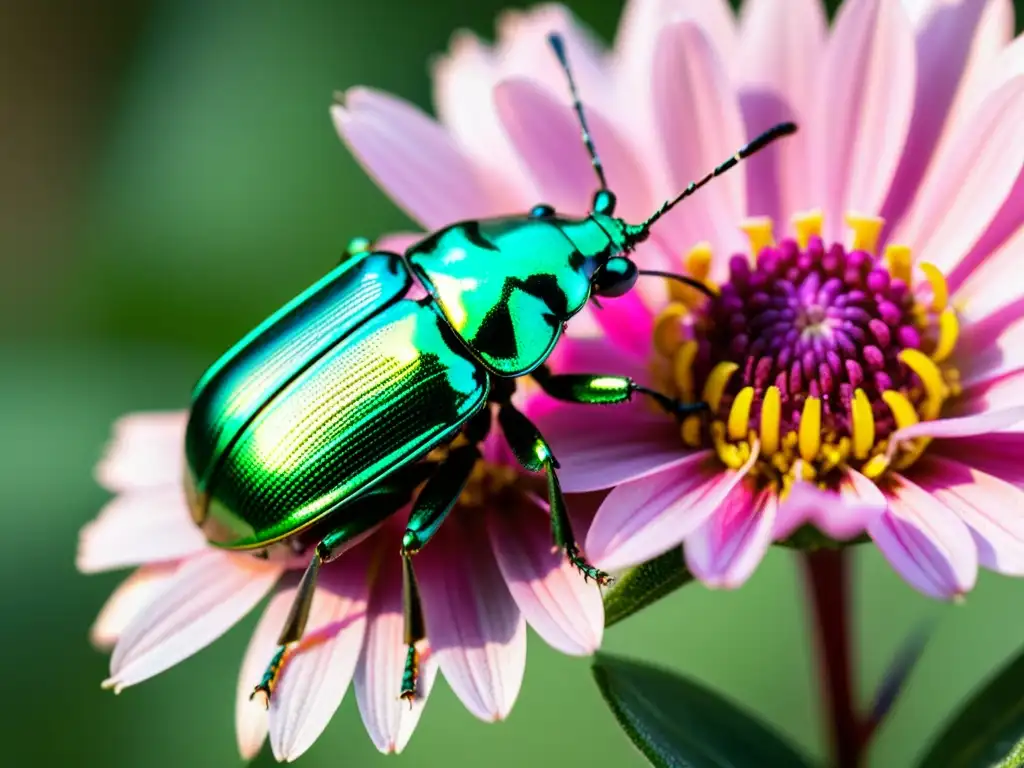 Detalle asombroso de un escarabajo metálico verde sobre una flor rosa, con sus alas desplegadas y patas cubiertas de gotas de agua