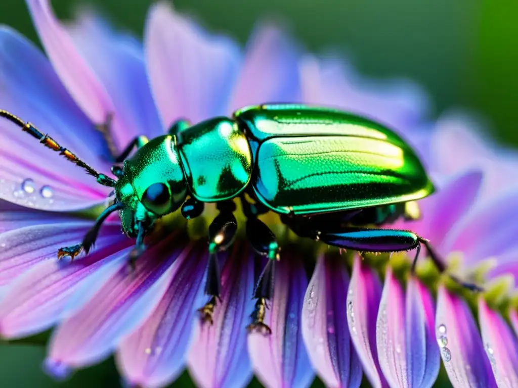 Detalle asombroso de un escarabajo metálico verde sobre pétalo morado, resaltando la importancia de los insectos en bioingeniería