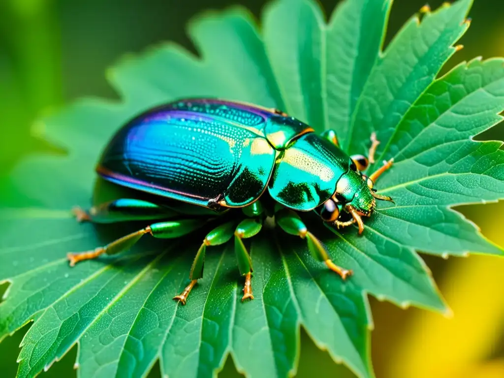 Detalle asombroso de un escarabajo metálico verde sobre una hoja, destacando la belleza de su caparazón y la delicadeza de la hoja