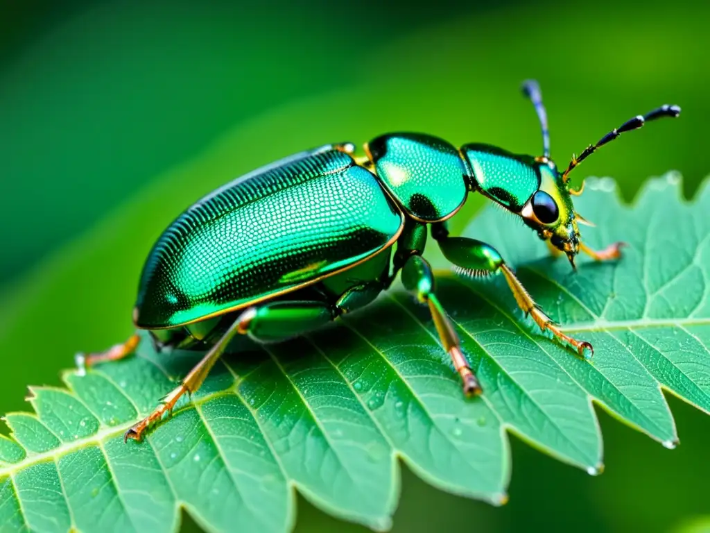 Detalle asombroso de un escarabajo metálico verde con mecanismos de resistencia en insectos, mostrando su exoesqueleto y alas iridiscentes