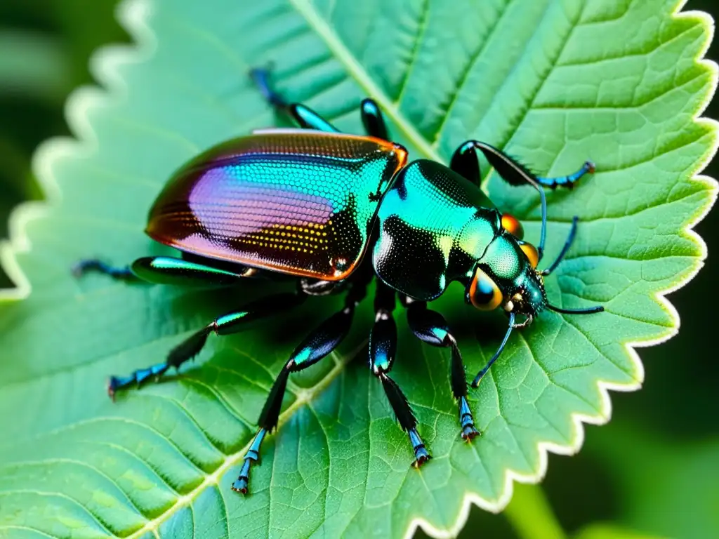 Detalle asombroso de un escarabajo oscuro en hoja verde, reflejando la luz solar con produccion suplementos insectos huella ambiental