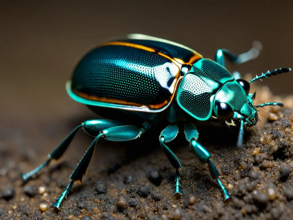 Detalle asombroso de un escarabajo subterráneo, adaptado al mundo subterráneo, con su exoesqueleto brillante y texturas intrincadas