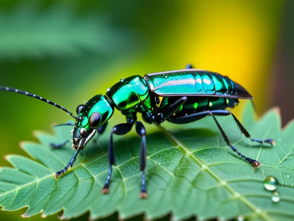 Detalle asombroso de un escarabajo tigre verde y negro sobre una hoja, con sus ojos compuestos, antenas y exoesqueleto iridiscente