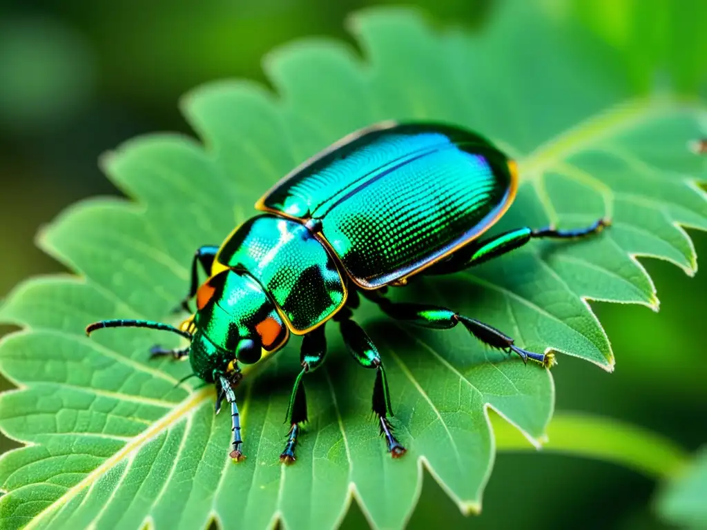 Detalle asombroso de un escarabajo verde y negro sobre una hoja, resaltando la complejidad de su exoesqueleto