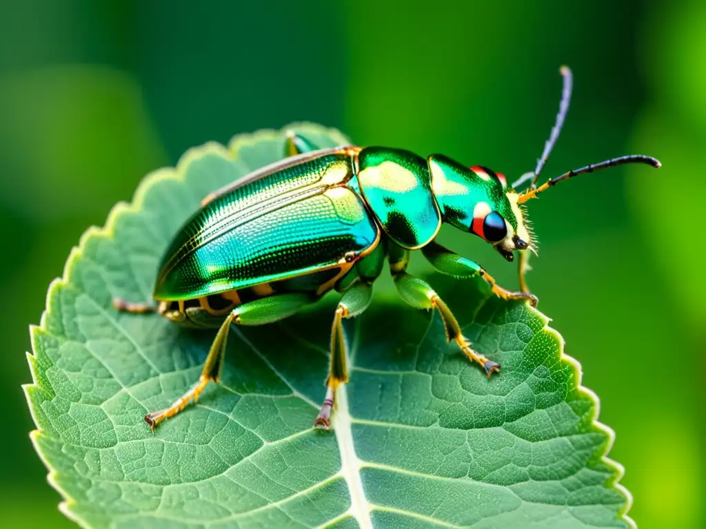 Detalle asombroso de un escarabajo verde sobre una hoja, iluminado por el sol