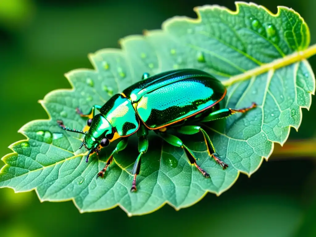 Detalle asombroso de un escarabajo verde metálico sobre una hoja