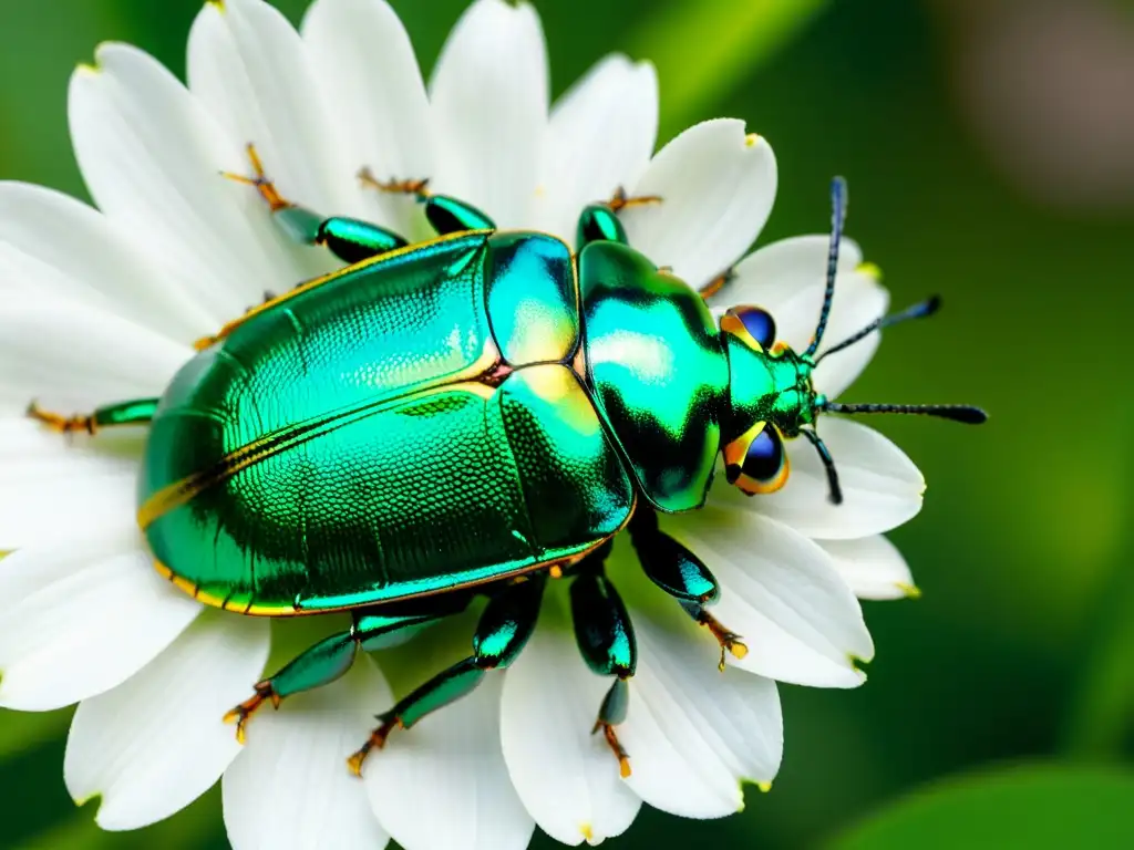 Detalle asombroso de un escarabajo verde metálico sobre pétalo de flor, resaltando la importancia de los insectos en ecología