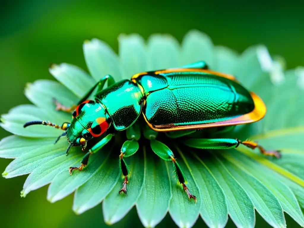 Detalle asombroso de un escarabajo verde metálico sobre una flor iridiscente