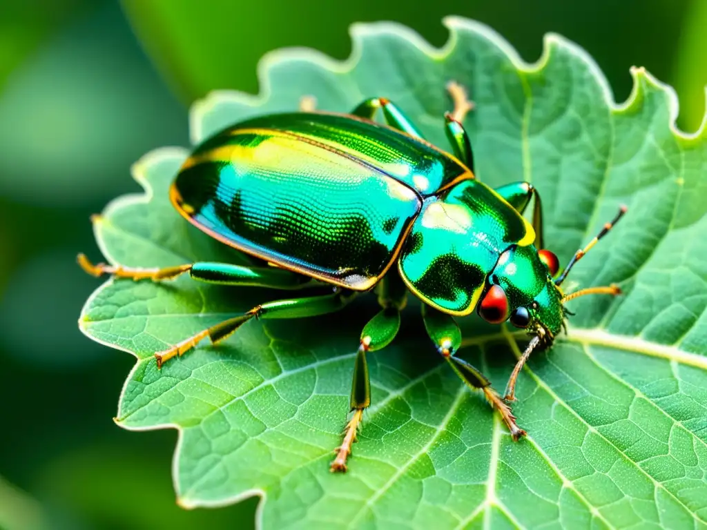 Detalle asombroso de un escarabajo verde sobre una hoja, con su exoesqueleto iridiscente y alas delicadas brillando al sol