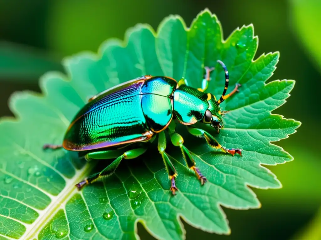 Detalle asombroso de un escarabajo verde iridiscente en una hoja, capturando la belleza del coleccionismo de insectos ético